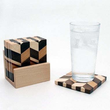 Set of 6 Checkered Coasters in Maple with Holder
