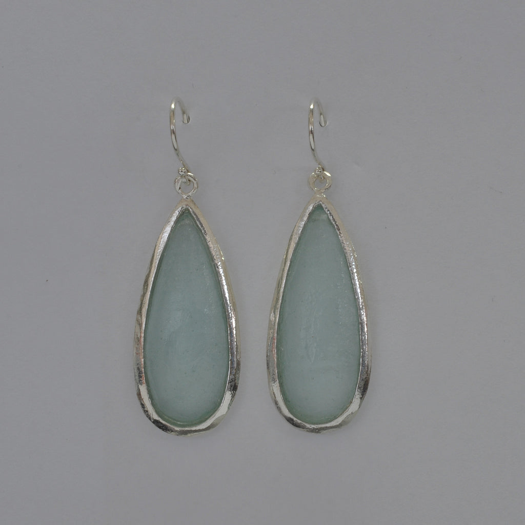 Long Oval with Silver Border Washed Roman Glass Earrings