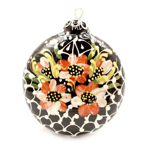 Red Flowers In Basket Small Round Ceramic Ornament