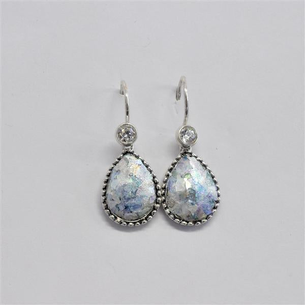 Beaded Border Tear Shaped with Cubic Zironia Roman Glass Earrings