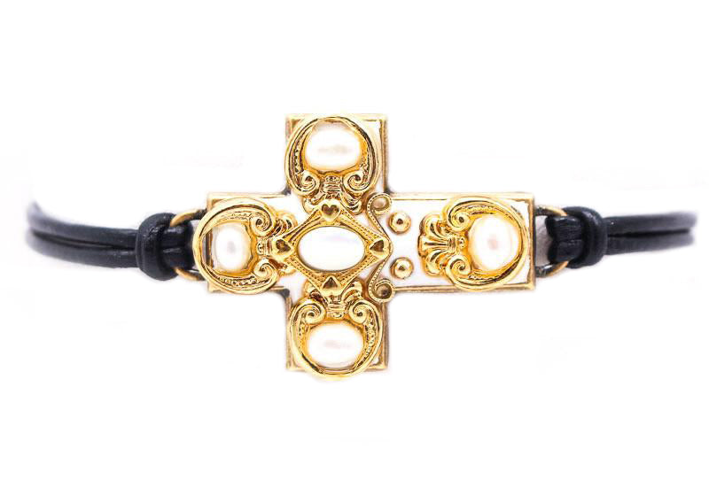 Gold Side Small Cross Leather Bracelet by Michal Golan