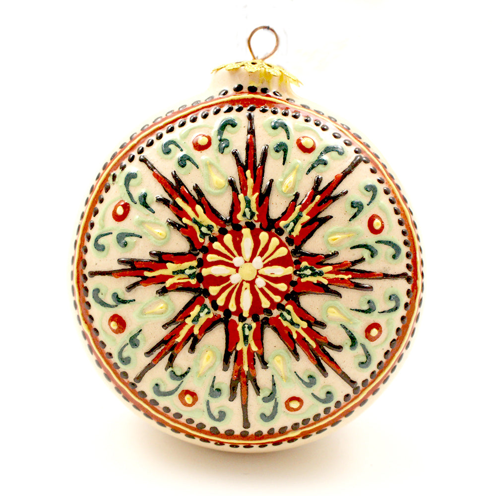 White Background with Red/Green Geometrical Design Small Round Ceramic Ornament