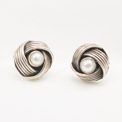 Sterling Silver Weave with Pearl Post Earrings