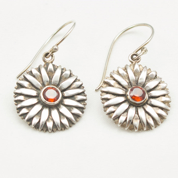 Sterling Silver Daisy with Faceted Garnet Earrings