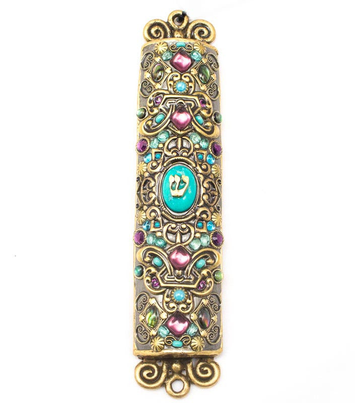 Gold with Purple Oval Turquoise Stone Mezuzah by Michal Golan