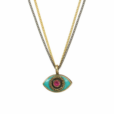 Turquoise and Pink Stone Medium Evil Eye Necklace by Michal Golan