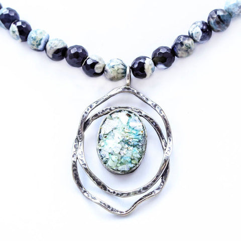 Agate Bead Chain with Open Circles Roman Glass Necklace