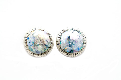 Etched Framed Round Patina Roman Glass Post Earrings