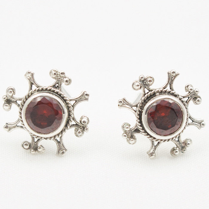 Sterling Silver Ornate Post with Round Faceted Garnet Earrings