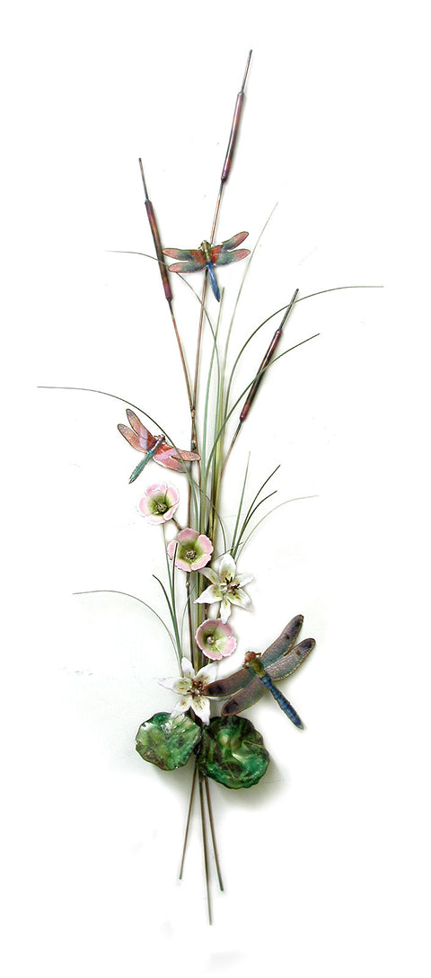 Three Dragonflies with Lilies, Mallow and cattail Wall Art by Bovano