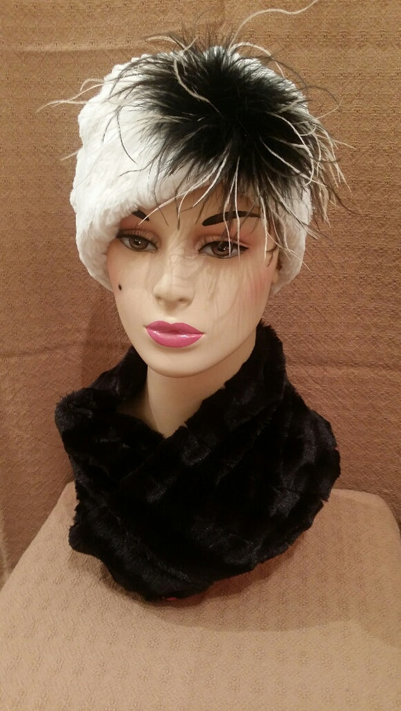 Pearl Luxury Faux Fur Cuffed Pillbox Hat with Black and Chocolate and Cream Ostrich Feather