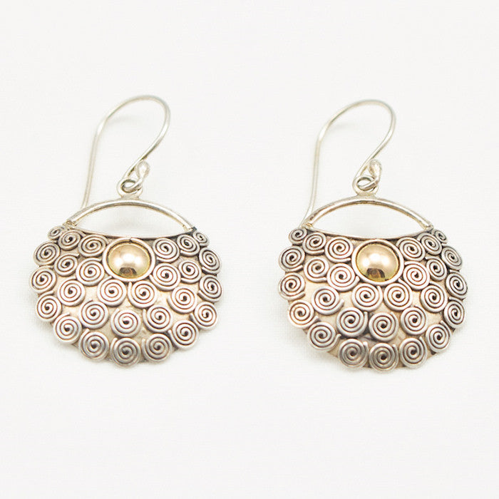 Sterling Silver Ornate Round Dangle Earrings with 22K Gold