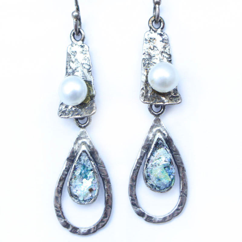 Long Dangle Pearl and Roman Glass Earrings