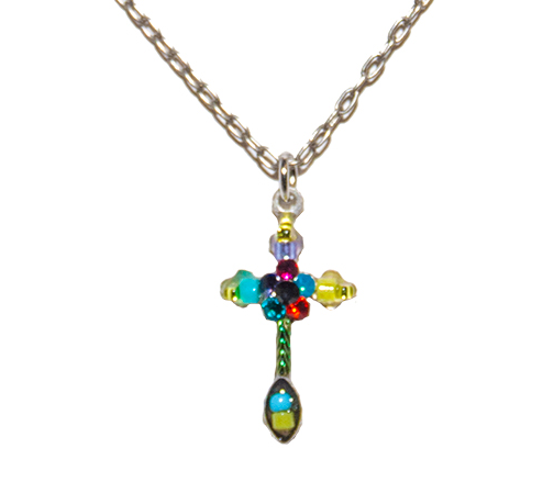 Multi Color Miniature Mosaic Cross Necklace by Firefly Jewelry