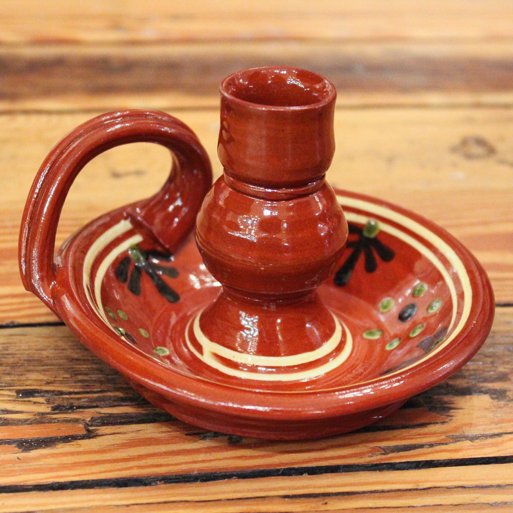 Redware Candlestick Holder with Black Ferns