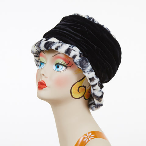 White Jaguar with Black Velvet Luxury Faux Fur Ana Cloche Style Hat