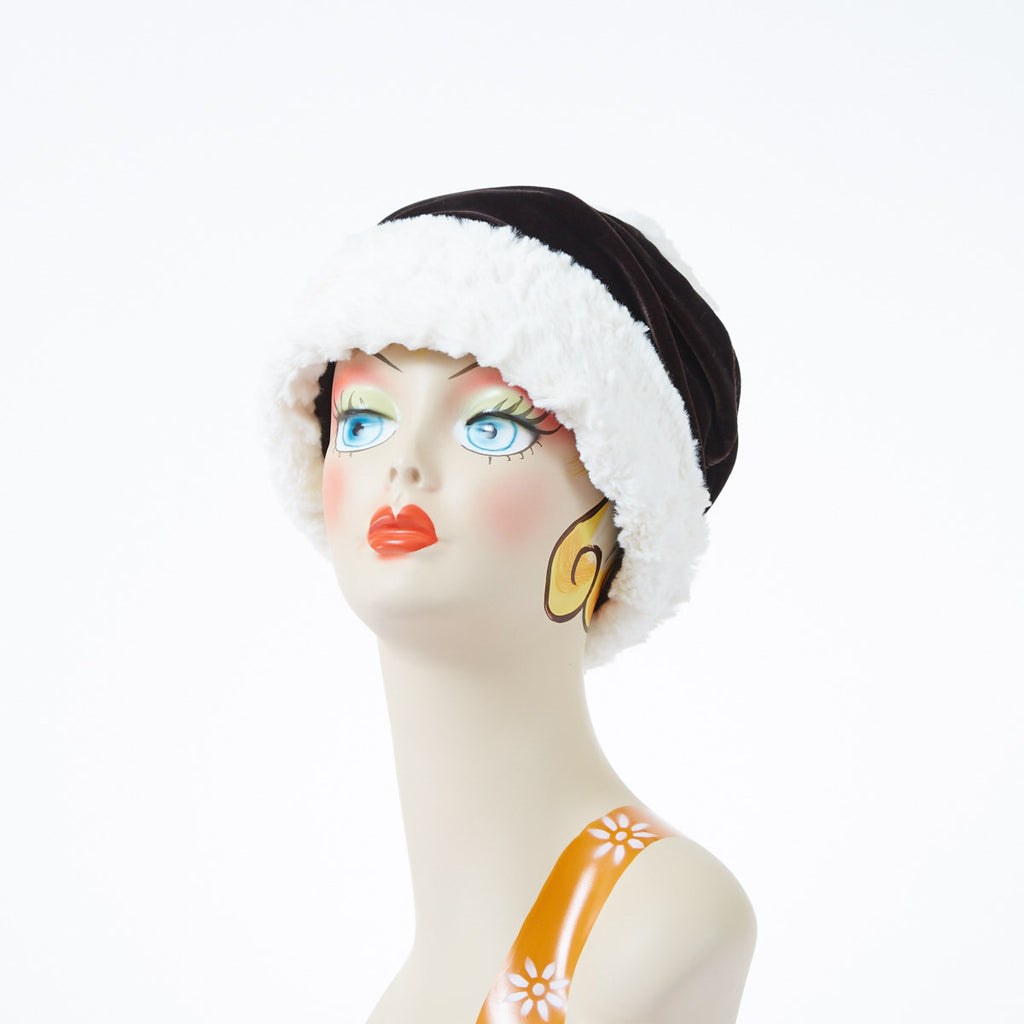 Pearl with Chocolate Velvet Luxury Faux Fur Ana Cloche Hat