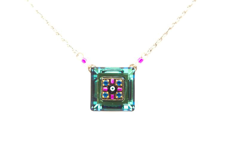 Bermuda Blue La Dolce Vita Mosaic Square Pendant Necklace by Firefly Jewelry