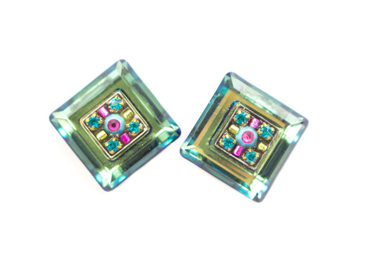 Indicolite La Dolce Vita Crystal Square Post Earrings by Firefly Jewelry