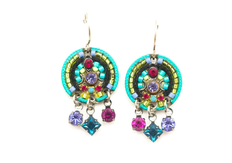 Multi Color Round Mosaic with Crystal Dangles Earrings by Firefly Jewelry