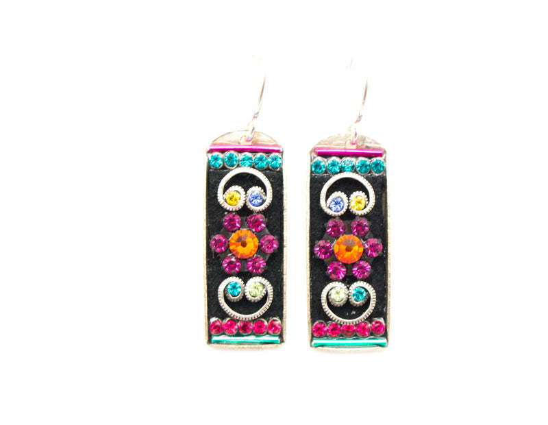 Multi Color Baguette Earrings with Mosaic Scroll by Firefly Jewelry