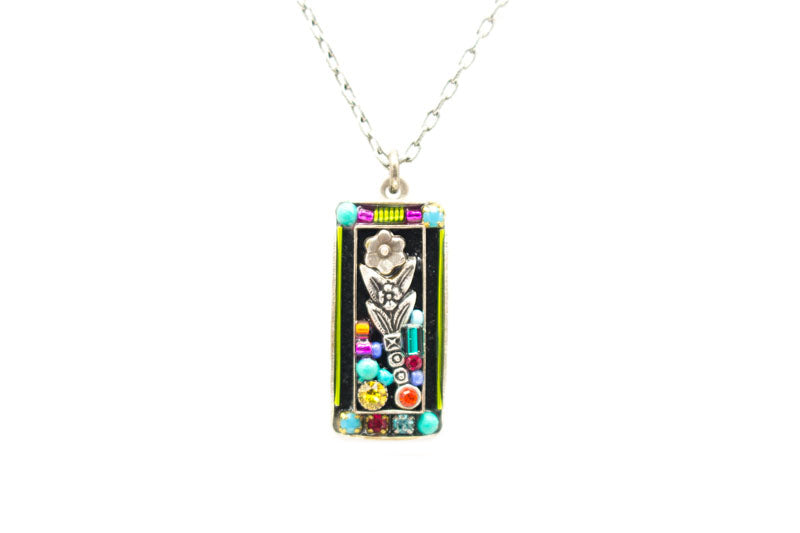 Multi Color Botanical Rectangle Pendant Necklace by Firefly Jewelry