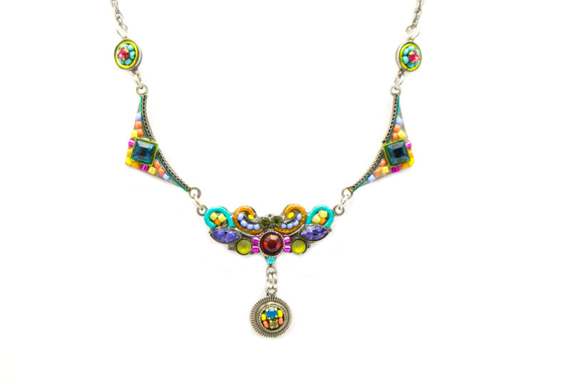 Multi Color Fleur mosaic Necklace with Drop by Firefly Jewelry