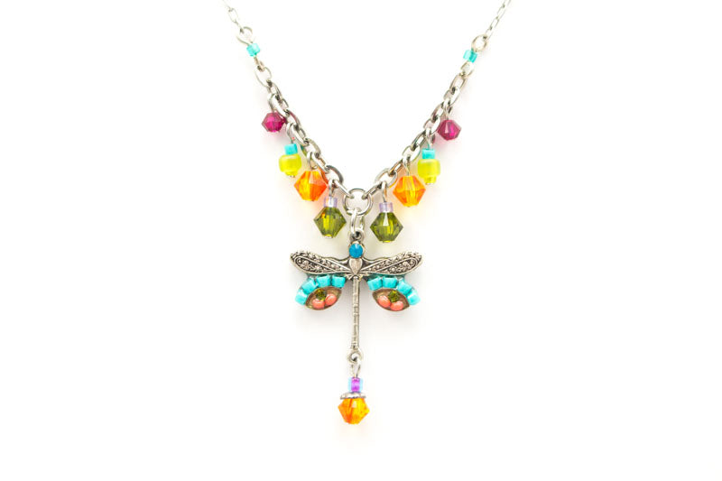 Multi Color Dragonfly Simple Small Necklace with Dangles by Firefly Jewelry