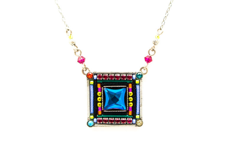 Multi Color Mirrored Square Pendant Necklace by Firefly Jewelry