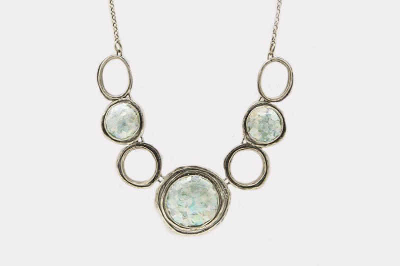 Open Circles Channel Framed Round Patina Roman Glass Necklace