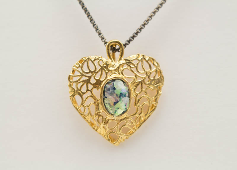 Heart of Gold with Sterling Silver Chain Patina Roman Glass Necklace