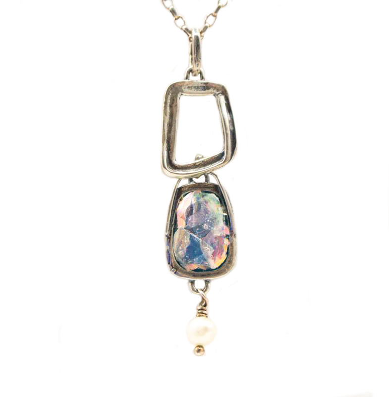 Double Square Pearl Drop Roman Glass Necklace
