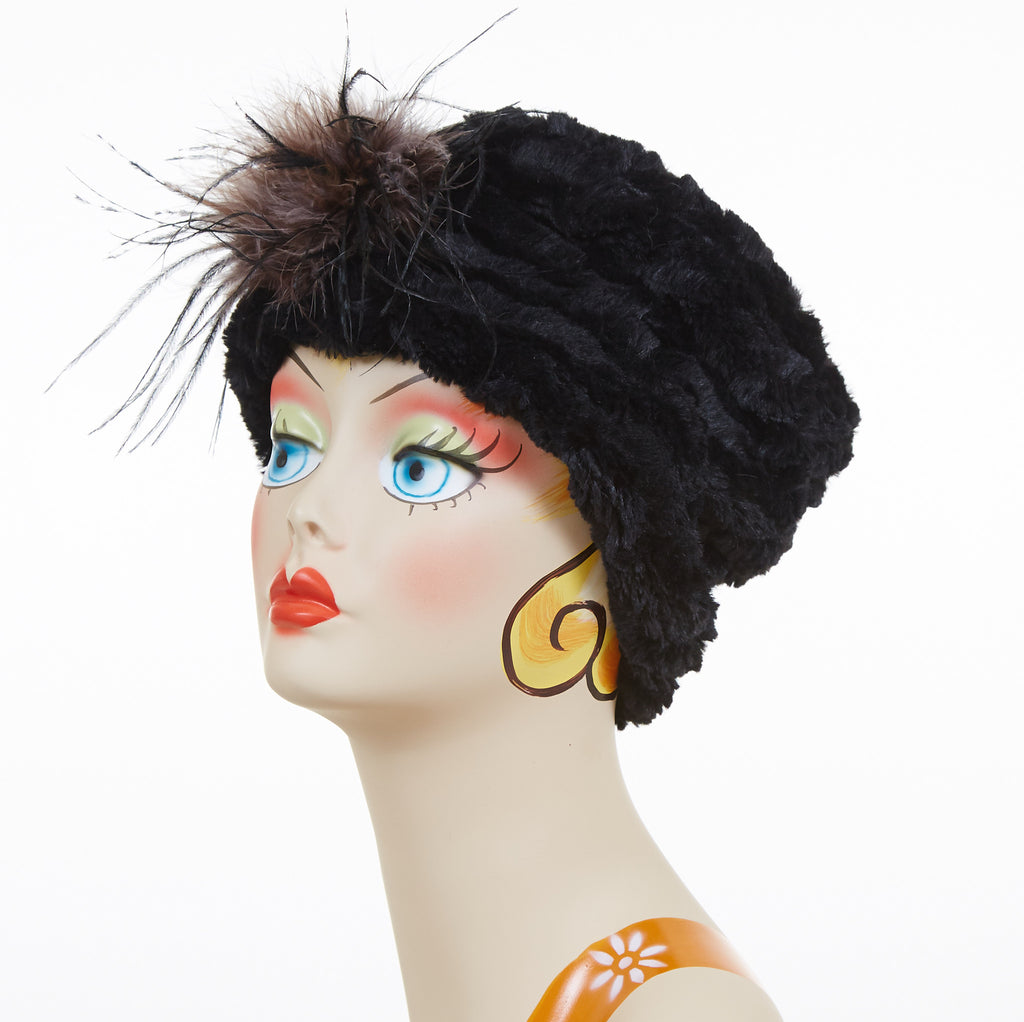 Desert Sand in Midnight Luxury Faux Fur Cuffed Pillbox Hat with Black and Gray Ostrich Feather