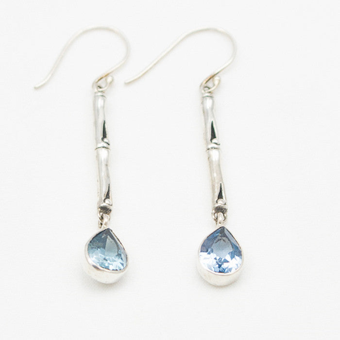 Sterling Silver Bamboo Drop Earrings with Blue Topaz