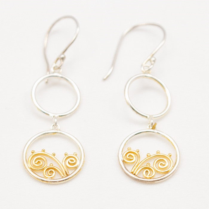 Sterling Silver Double Round Openwork with 22K Gold Accent Earrings
