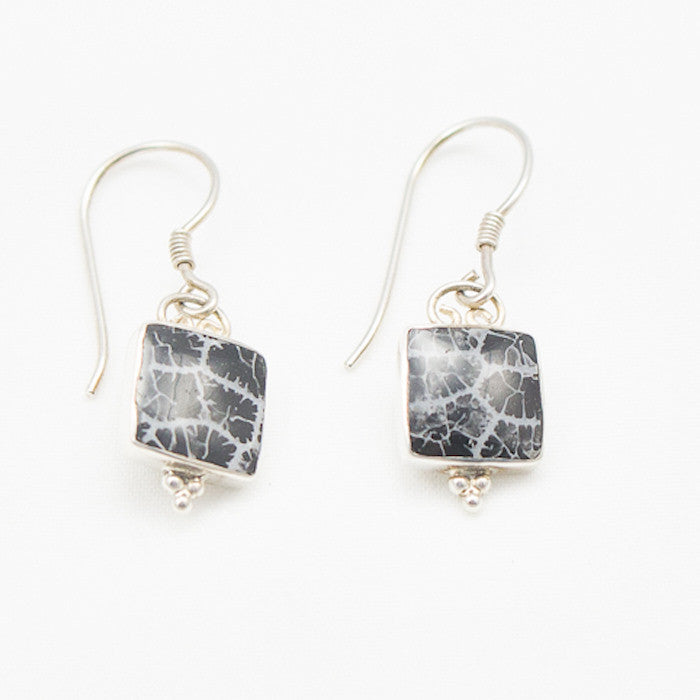 Sterling Silver Square Black Coral with Wrapped Silver Bezel Earrings