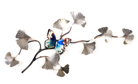 Blue Beauty Butterfly on Stainless Steel Ginkgo Branch Wall Art by Bovano Cheshire