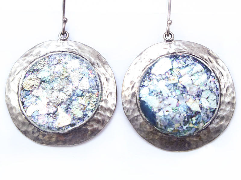 Hammered Sterling Silver Disc with Roman Glass Earrings