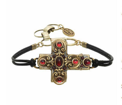 Red Crystal Cross Bracelet on Leather
