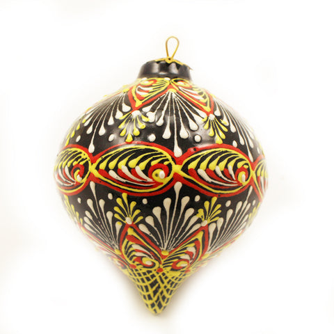 Black Background Yellow, Orange, and White Feathered Tear Drop Ceramic Ornament