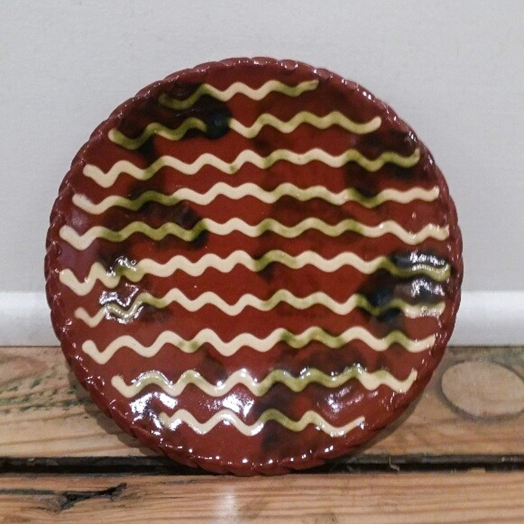 Redware Slab Plate with White Swirl Lines