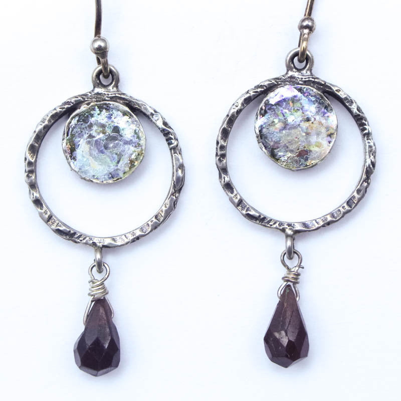 Garnet Drop with Circle Roman Glass Earrings