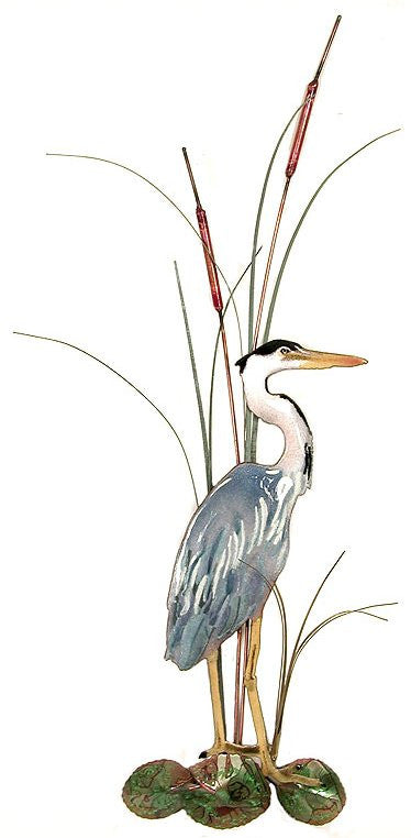Small Great Blue Heron with Cattails Facing Right Wall Art by Bovano Cheshire
