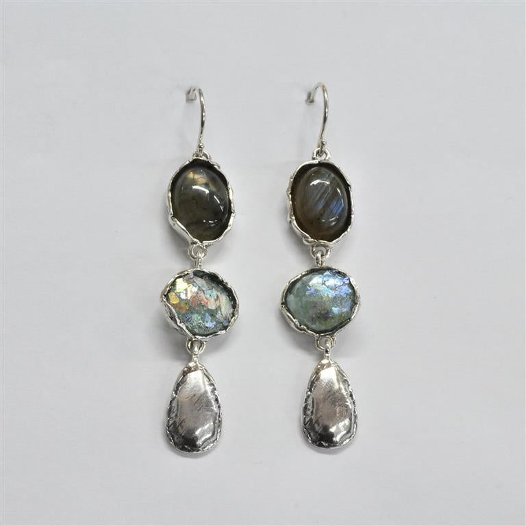 Shiny Silver Three Tier Dangle Roman Glass Earrings