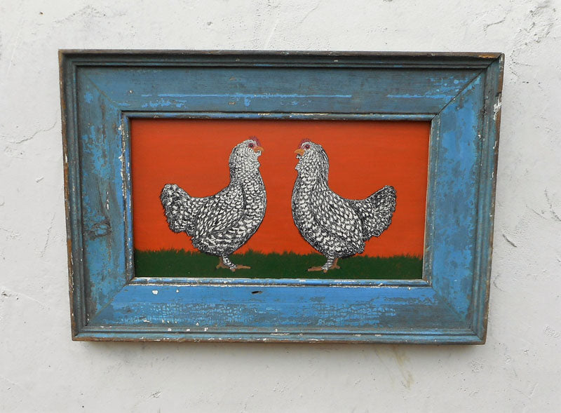 Two Hens, Blue Frame Americana Art
