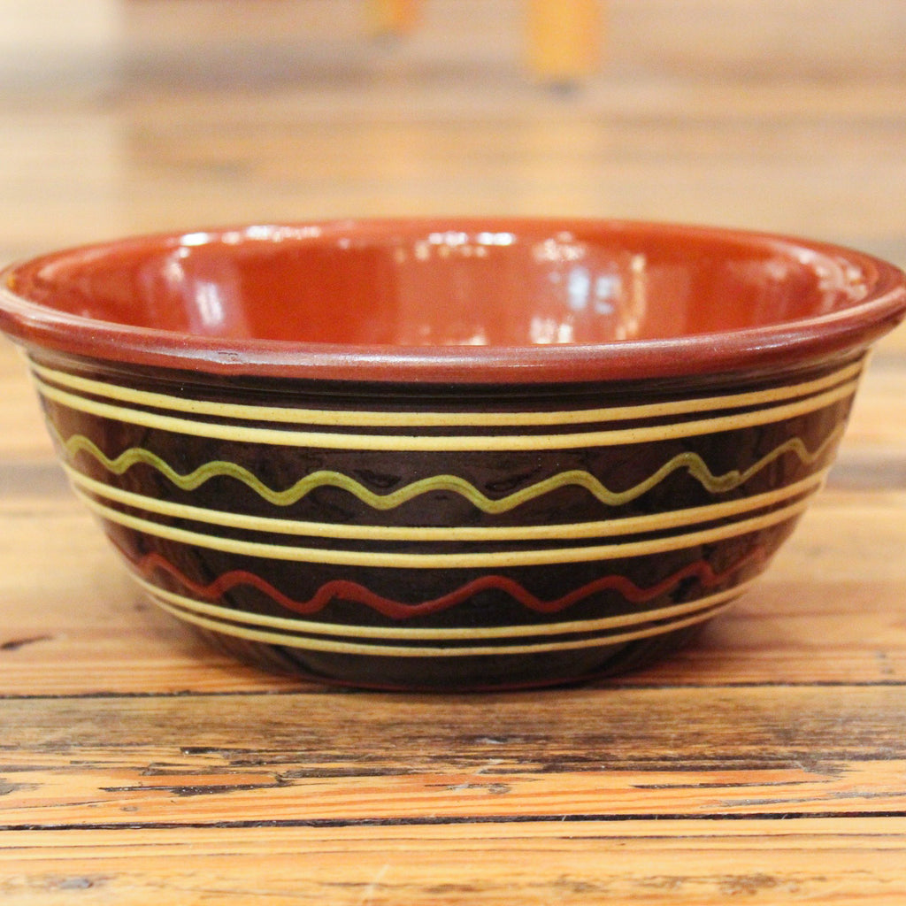 Redware Bowl with Green, Red and White Lines