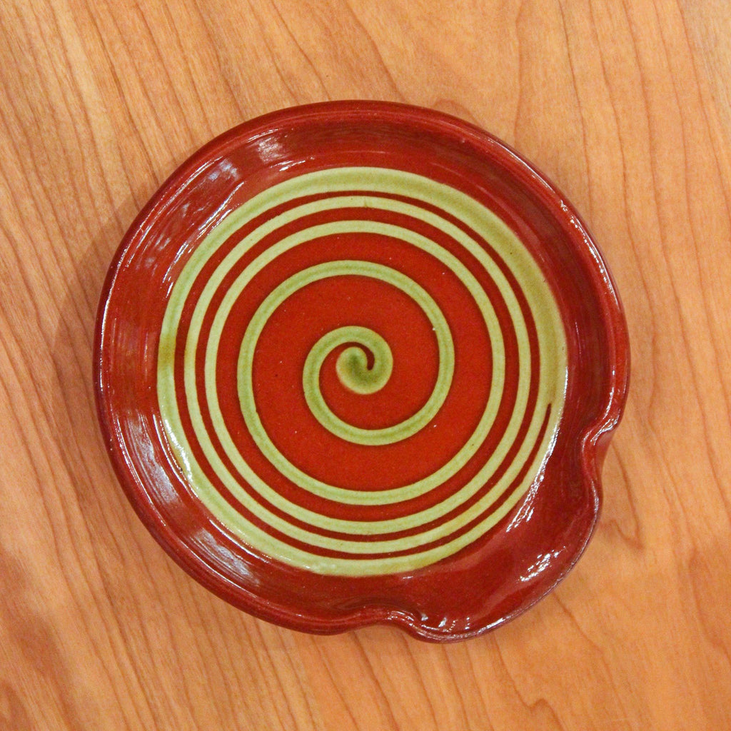 Redware Spoon Rest with Green Swirl