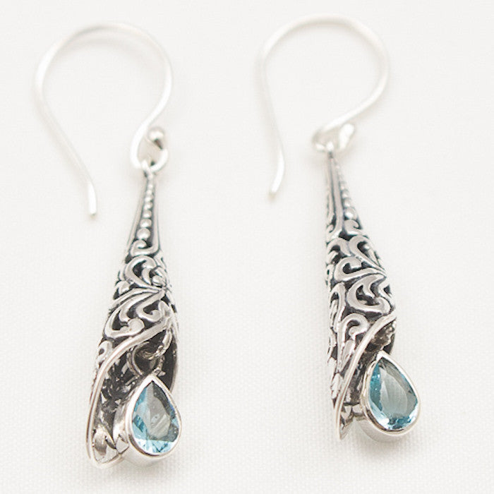 Sterling Silver Detailed Cone with Blue Topaz Teardrop Dangle Earrings