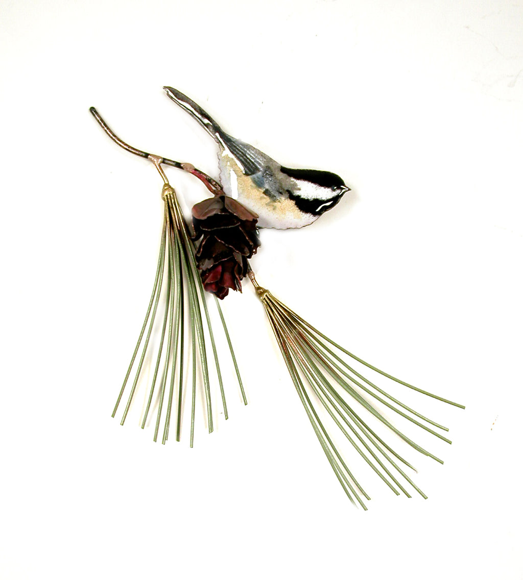 Chicadee on Pine Needles with Pine Cone Wall Art by Bovano Cheshire