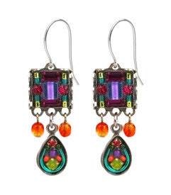 Multi Color Mosaic Square Earrings with Drop by Firefly Jewelry